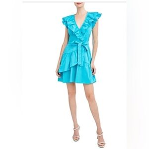 BCBG max azria blue Ruffled Cotton Stretch Wrap belted Mini‎ Dress size 4 new